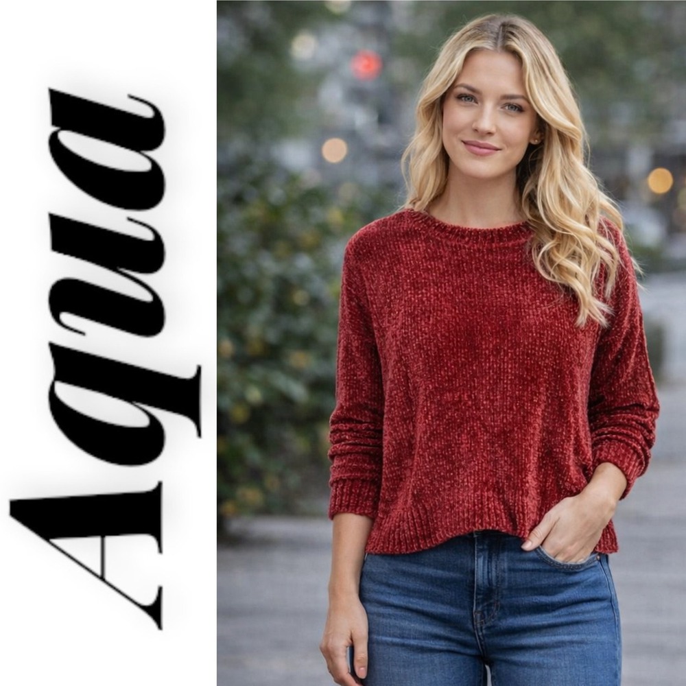 AQUA Ruby Red Chenille Sweater Soft Plush Quiet Cozy Knit Size Small